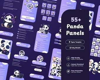 Mais de 55 painéis para transmissões ao vivo de panda roxo na Twitch | Painéis Figma personalizáveis | Panda fofo de anime | Painéis para VTubers | Ilustrações | Acessório