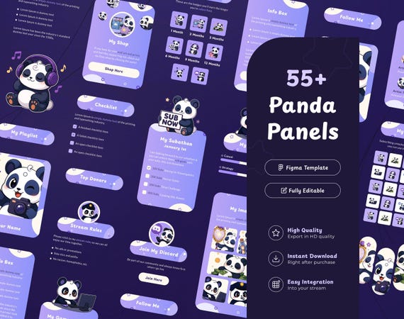 55+ Purple Panda Twitch Stream Panels | Customizable Figma Panels | Cute Anime Panda | VTuber Panels | Illustrations | Accessory