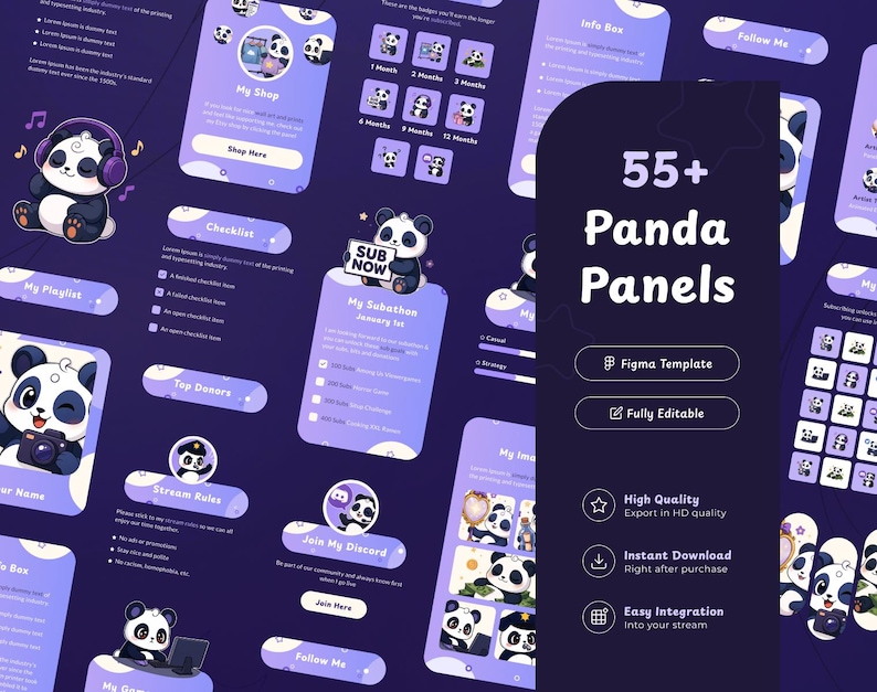 Mais de 55 painéis para transmissões ao vivo de panda roxo na Twitch | Painéis Figma personalizáveis | Panda fofo de anime | Painéis para VTubers | Ilustrações | Acessório imagem 1