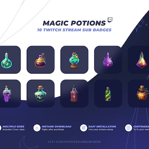 10 Twitch Sub Badges / Cheer Bit Badges - Magic Potions (18x18 / 36x36 / 72x72 px)