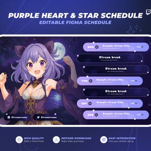 Cronograma de transmissão de Purple Hearts and Stars | Cronograma de Twitch, YouTube e Discord | Plano de transmissão | Cronograma editável do Vtuber | Plano de anime fofo