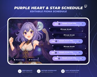 Puede incluir: Gráfico digital con un personaje de anime y un horario. El texto dice "PURPLE HEART & STAR SCHEDULE" y "EDITABLE FIGMA SCHEDULE". El horario muestra los días de la semana con ejemplos de títulos y horarios de transmisión. El fondo es azul oscuro.