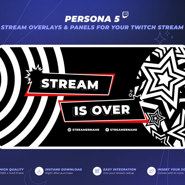 Set di sfondi per lo schermo Twitch ispirato a Persona - Avvio, pausa e design offline dello streaming animato (stile anime Persona 5 Strikers)