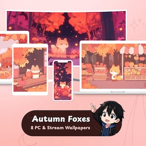 8 Fondos de pantalla para streaming con temática de zorros otoñales / Fondos de escritorio / Pantallas acogedoras de Halloween / Estilo lofi / Superposiciones para streaming / Fondos para VTubers