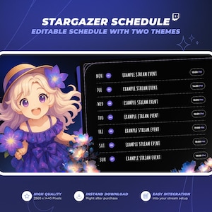 Cronograma de Transmissão do Stargazer - Plano Semanal de Anime Roxo Fofo para VTubers e Streamers do Twitch - Cronograma e Cronograma de Transmissão do VTuber
