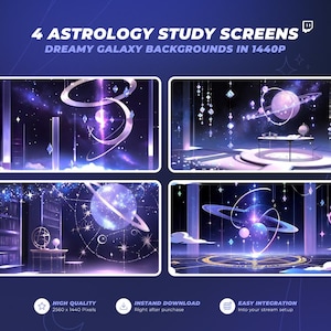 Pode incluir: Quatro telas de estudo de astrologia com fundos de galáxia sonhadores em 1440p. Cada tela apresenta elementos celestes como planetas, anéis e constelações em um esquema de cores roxo e azul. A imagem também inclui texto sobre alta qualidade, download instantâneo e fácil integração.