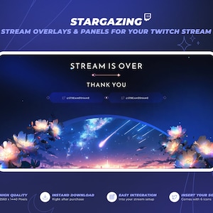 May include: A blue and purple Twitch stream overlay with a starry night sky background, white flowers, and a shooting star. The text "STREAM IS OVER" and "THANK YOU" is displayed in white. The overlay is designed for use on Twitch.