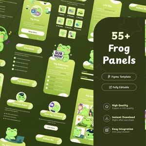 Plus de 55 panneaux de diffusion Twitch Green Frog | Panneaux Figma personnalisables | Grenouille mignonne d'anime | Panneaux VTuber | Illustrations | Accessoire