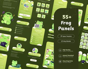Mais de 55 painéis de transmissão do Twitch com sapo verde | Painéis Figma personalizáveis | Sapo fofo de anime | Painéis VTuber | Ilustrações | Acessório