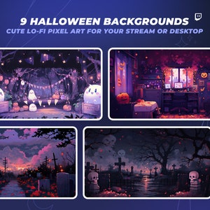 Puede incluir: Nueve fondos de pantalla temáticos de Halloween con arte de píxeles. Los fondos incluyen un bosque espeluznante, un cementerio, un dormitorio y una puesta de sol sobre un cementerio.