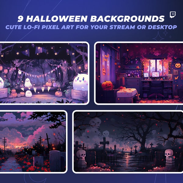 9 fonds d'écran et fonds d'écran pour Halloween - Pixel art dans un style Lofi - Superpositions de flux et arrière-plans VTuber