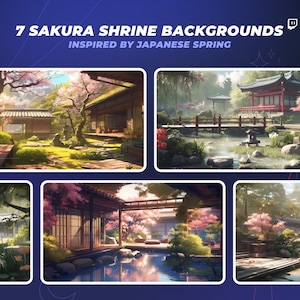 Op de afbeelding: Zeven digitale achtergronden geïnspireerd door de Japanse lente met kersenbloesems, traditionele architectuur en serene tuinen. De achtergronden zijn perfect voor streamers en content creators.