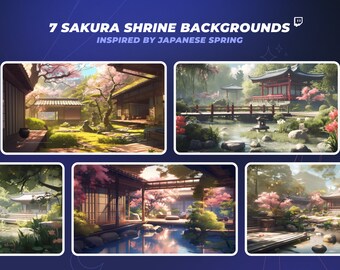 May include: Seven digital backgrounds inspired by Japanese spring featuring cherry blossoms, traditional architecture, and serene gardens. The backgrounds are perfect for streamers and content creators.