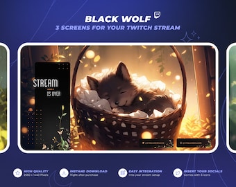 Black Wolf - Cozy Anime Forest Twitch Stream Backgrounds - 1440p - Start, Pause & Offline Stream Overlays