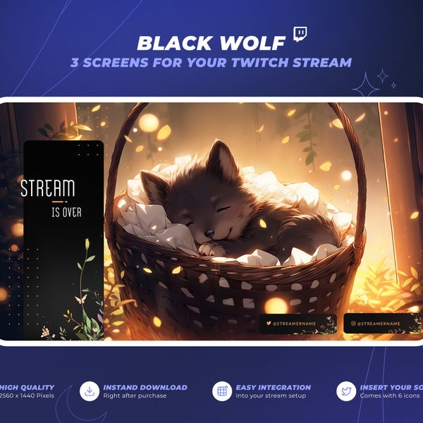 Black Wolf - Cozy Anime Forest Twitch Stream Backgrounds - 1440p - Start, Pause & Offline Stream Overlays