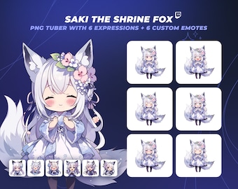 May include: A digital illustration of a white fox with a flower crown, wearing a white and blue dress. The fox has a white tail and is shown in six different expressions. The image also includes six custom emotes of the fox.