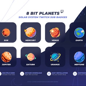8 Twitch Sub Badges / Cheer Bit Badges - Planets & Solar System - 8 Bit Pixel Style (18x18 / 36x36 / 72x72 px)