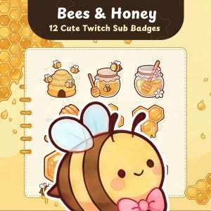 May include: A digital collection of 12 Twitch sub badges titled Bees & Honey, featuring illustrations of bees, beehives, honey jars with dippers, and honeycomb patterns in yellow, brown, and white colours, displayed on a light yellow background.
