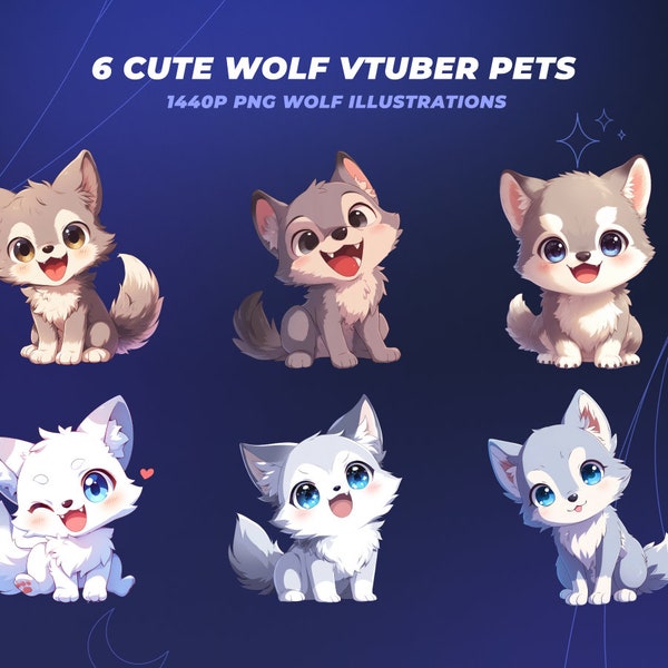 6 Cute Anime Wolves - Best Friends And VTuber Pets - Grey And White Wolf Pet - PNGTuber And VTuber Element - Stream Overlay And Decoration