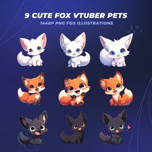 9 Cute Anime Foxes - Best Friends And VTuber Pets - Red, White And Black Foxes - PNGTuber And VTuber Element - Stream Overlay And Decoration