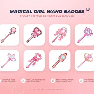 Könnte beinhalten: Acht rosa und goldene Zauberstab-Abzeichen für Mädchen mit verschiedenen Designs, darunter Sterne, Herzen und Schleifen. Der Text "MAGICAL GIRL WAND BADGES" und "8 COZY TWITCH STREAM SUB BADGES" stehen oben. Der Etsy-Shop-Name steht unten.