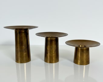 Vintage Mid Century Modern Brass Candle Holders Set of 3 – Scandinavian Style Graduated Candlesticks – Minimalist Brass Decor