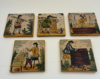 Vintage Hand Painted Ceramic Tiles Set of 5 – Spanish Folk Art Style, Rustic Wall Decor, 6x6 Decorative Tiles