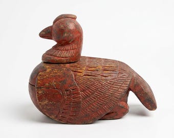 Vintage Hand Carved Wood Bird Vessel Box – Folk Art Lidded Ink Pot / Secret Compartment Sculpture