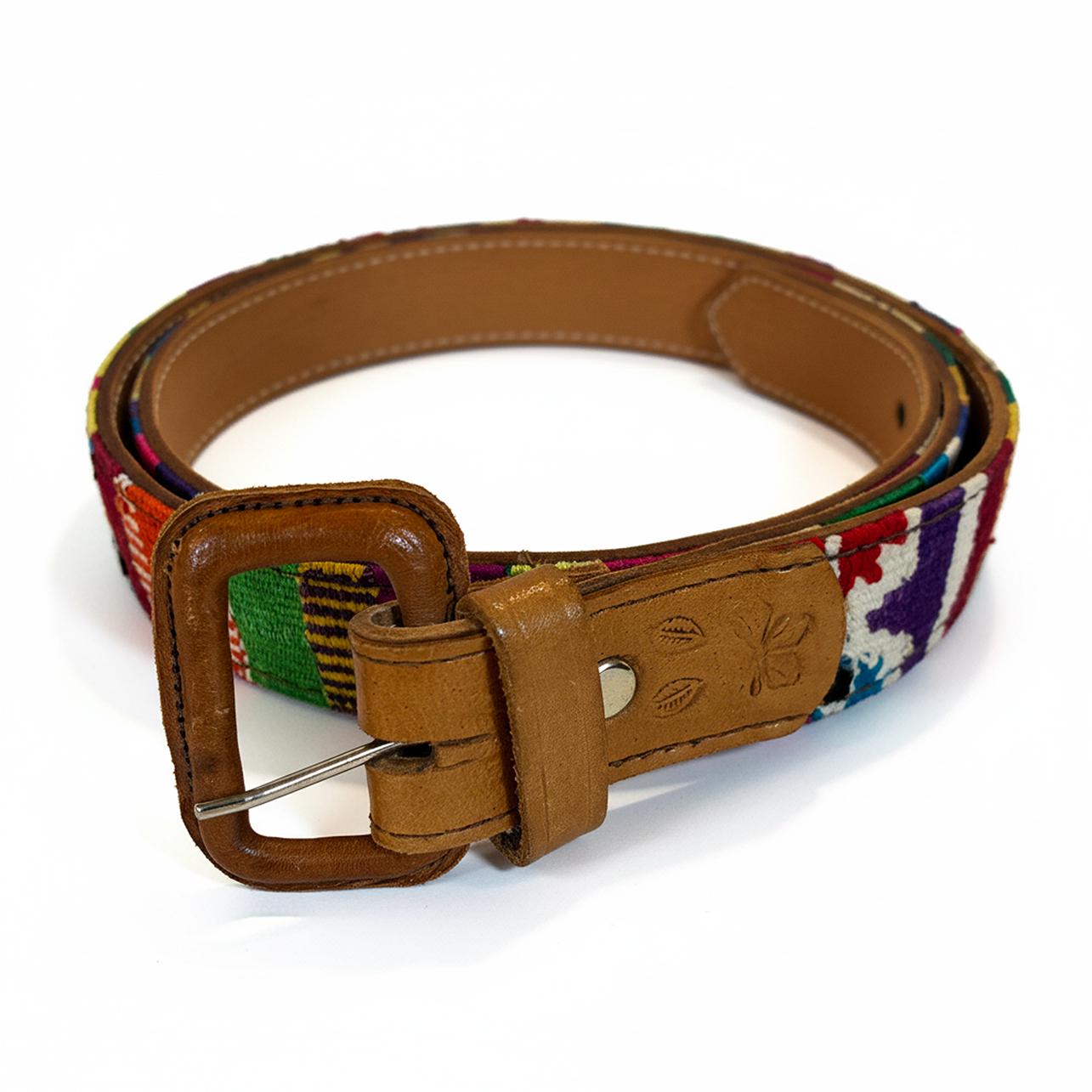 Guatemalan Handwoven Multicolor Woven Belt with Tan Leather Trim M/L Cream Handwoven Guatemalan Whip-Stitched Belt – Intertwined  main image 2
