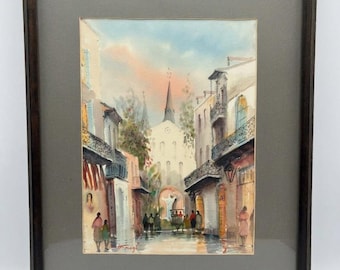 Original Nester Fruge Watercolor Painting New Orleans French Quarter Street Scene Framed