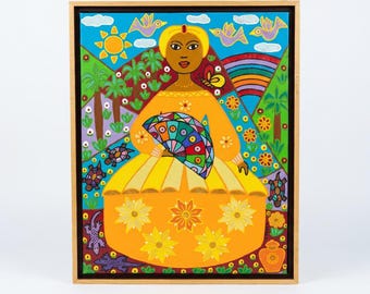 Vintage Cuban Folk Art Oil Painting by Nancy Reyes Framed Naive Tropical Portrait 16x13