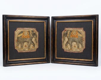 Pair Antique 19th Century Burmese Kalaga Elephant Textile Art, Framed Beaded Embroidery