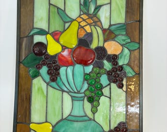Vintage Studio Stained Glass Fruit Panel – Large Hanging Window Art – Pears, Grapes Still Life – Leaded Glass Suncatcher 21.5”