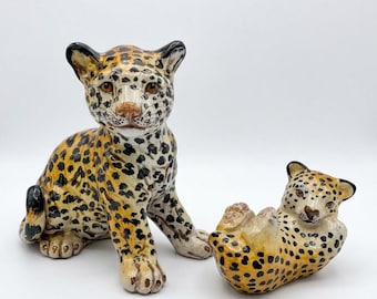 Vintage Italian Ceramic Leopard Mother & Cub Figurines – Hand Painted Big Cat Sculptures / Hollywood Regency Decor 60s MCM
