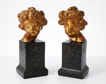 Vintage Borghese Putti Bookends – Gold Cherub Bust Bookends on Black Pedestals / Hollywood Regency Shelf Decor
