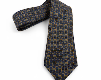 Vintage Hermes Silk Tie Navy and Gold Stirrup Pattern Paris Made Equestrian Necktie