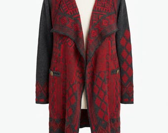 Johnny Was Biya Embroidered Knit Jacket XS Red Black Boho Artwear Bell Sleeve