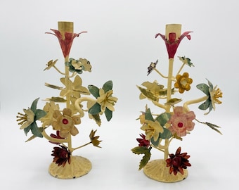 Vintage Floral Tole Candle Holders Pair Hollywood Regency Metal Candlesticks 11”