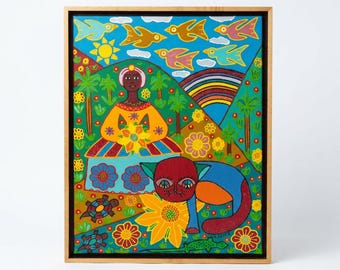 Vintage Cuban Folk Art Oil Painting by Nancy Reyes Framed Naive Tropical Portrait 16x13 Woman with Cat and Birds