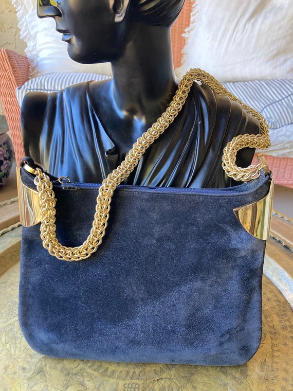 Vintage 1970’s Gucci Blue Suede Gold Chain Shoulde