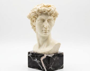 Vintage A. Santini David Bust Sculpture – Made in Italy Classical Figure on Marble Base – Michelangelo Style Statue