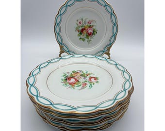 7 Old Paris Porcelain Plates 9in Floral Turquoise Ribbon Scalloped Gold Gilt Rim