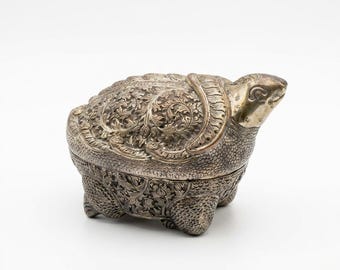 Vintage Repoussé Turtle Betel Nut Box – Ornate Brass / Silver Tone Lidded Trinket Box Asian Folk Art Decor