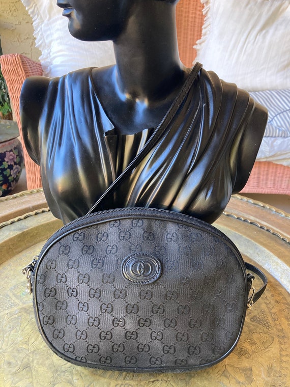 Gucci Vintage GG Black Canvas and Leather Cross bo