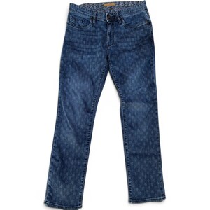 May include: Medium-wash blue denim jeans featuring a subtle, repeating diamond-shaped pattern throughout the fabric. These jeans include a standard button and zipper fly closure, five pockets, and a waistband with belt loops in a classic cut.