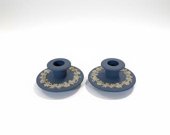 Wedgwood Jasperware Candlesticks | Blue Grape Vine Relief, Made in England