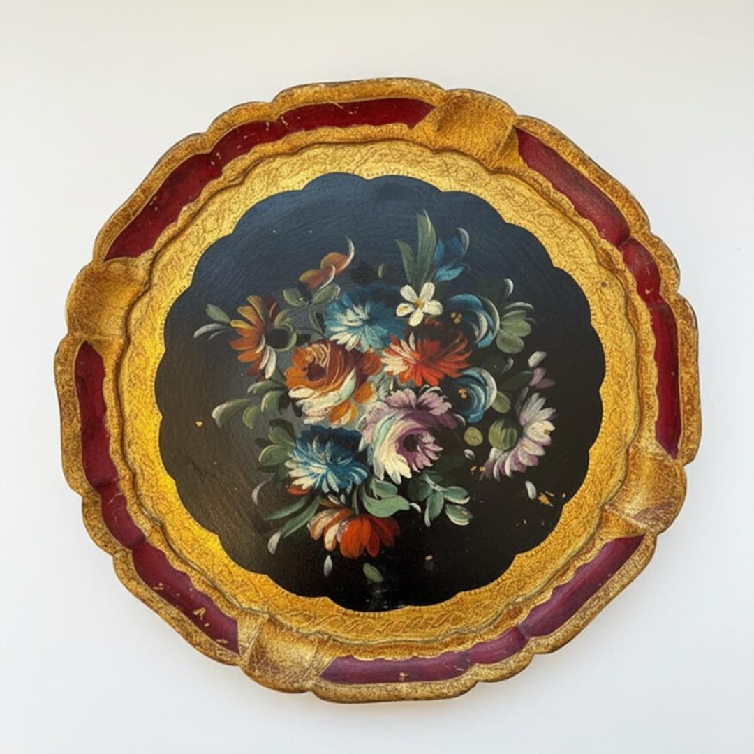 Vintage Italian Florentine Tole Tray – Hand Painted Floral Gold Gilt ...