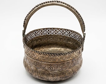 Vintage Silver Plated Repoussé Basket with Handle – Ornate Pierced Filigree Serving Basket / Indian