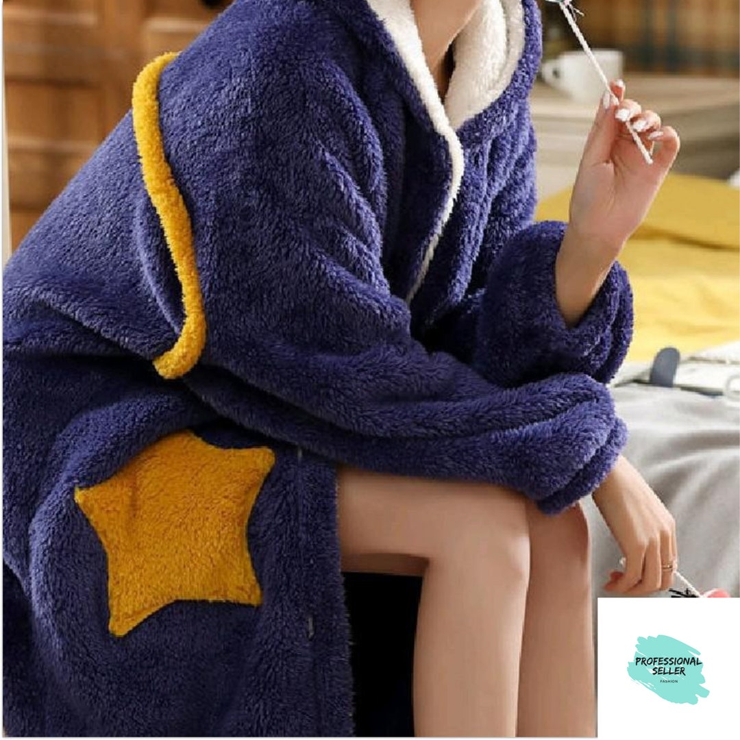 Soft Homewear Bathrobe Gown Cute Long Coral Fleece Kimono Robe Women