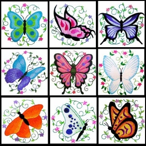 Pode incluir: Uma coleção de nove desenhos quadrados de bordado à máquina apresentando várias borboletas em azul, verde, rosa, roxo, branco e laranja. Cada borboleta é cercada por uma moldura circular de vinhas verdes, pequenas folhas e minúsculas flores rosas ou roxas.